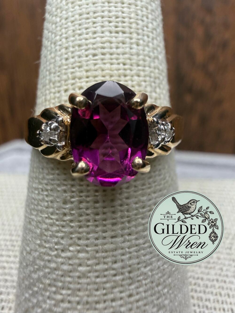 14K Garnet Diamond Accent Ring European Crown Mark Purple Red Vintage 2.61g